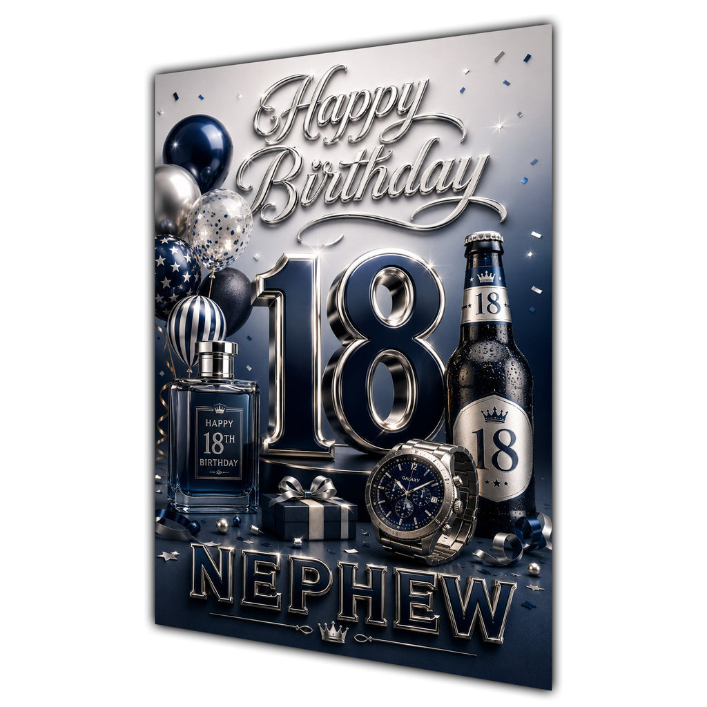 Nephew 18th Birthday Card - Navy and Silver Number, Watch and Bottles