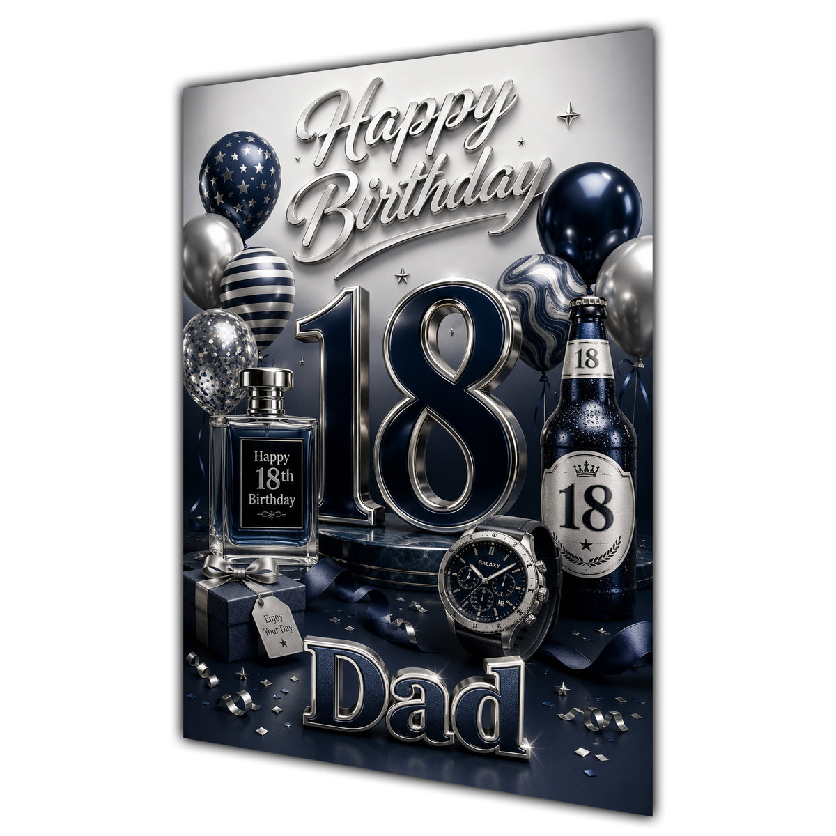 Dad 18th Birthday Card - Navy and Silver Number, Watch and Bottles
