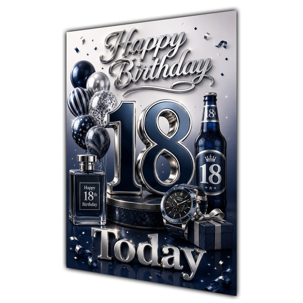 18th Birthday Card - Navy and Silver Number, Watch and Bottles