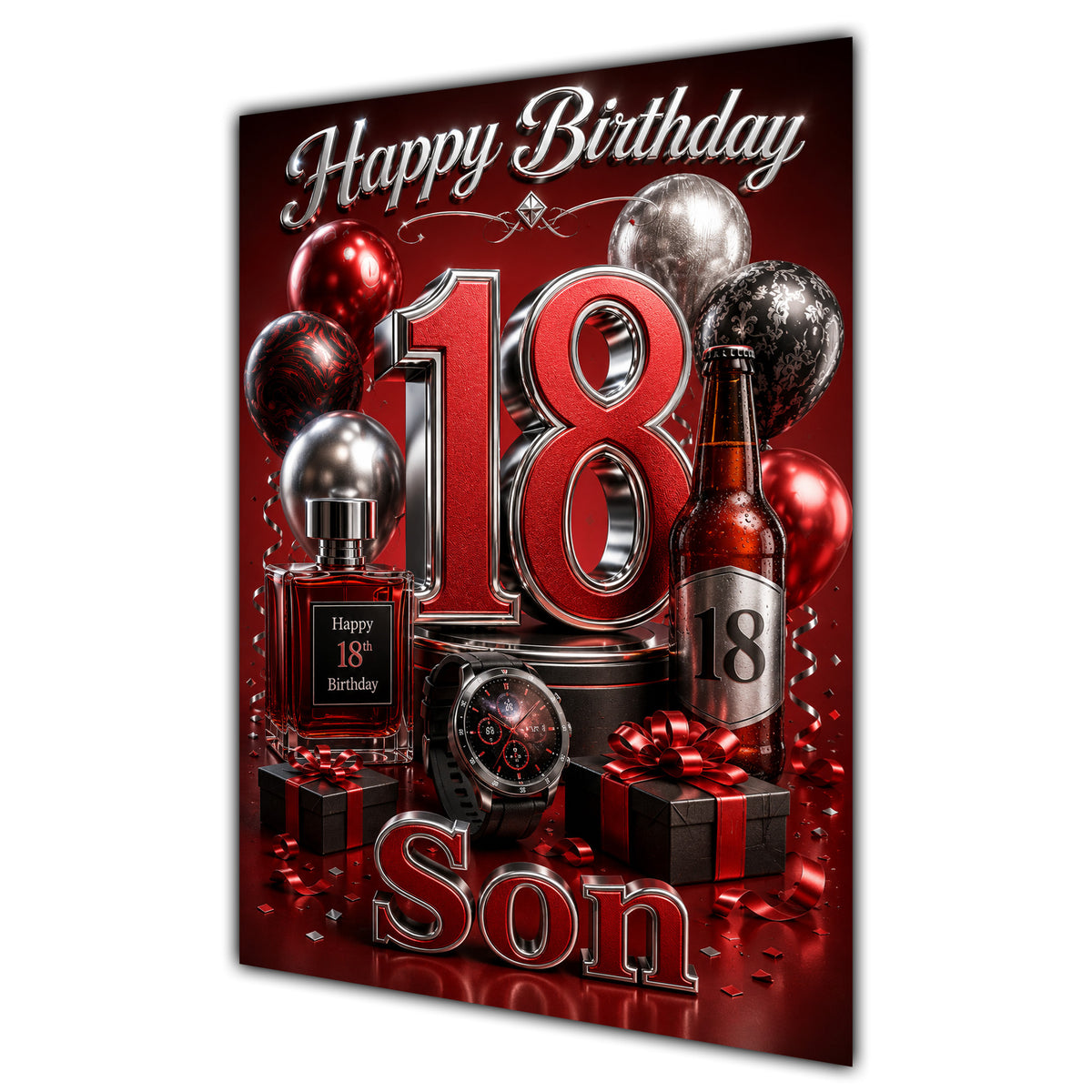 Son 18th Birthday Card - Red and Silver Number, Watch and Bottles