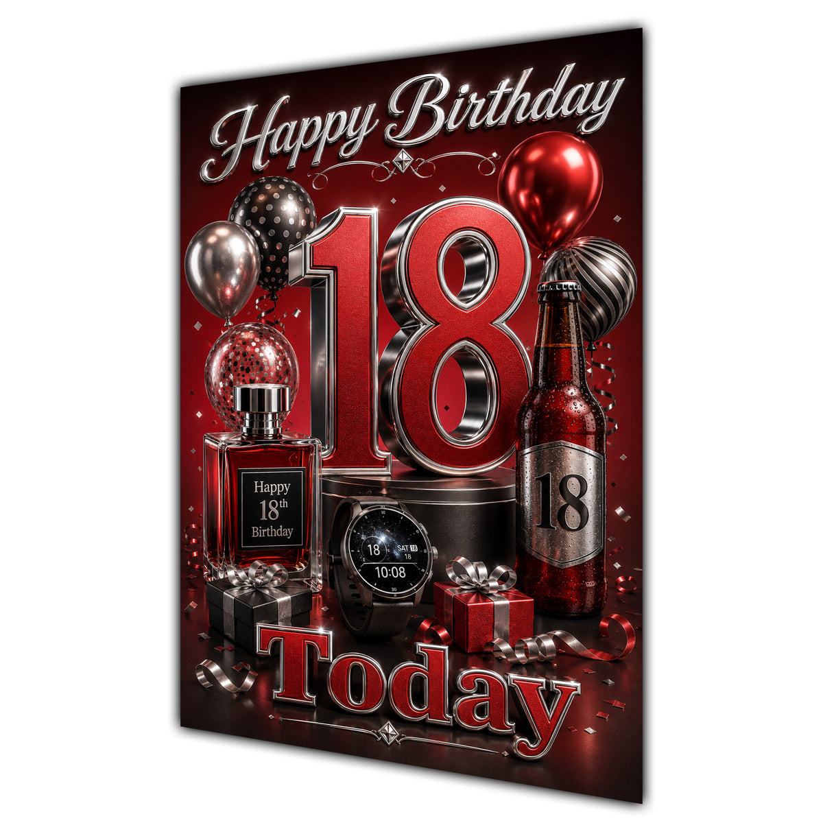 18th Birthday Card - Red and Silver Number, Watch and Bottles