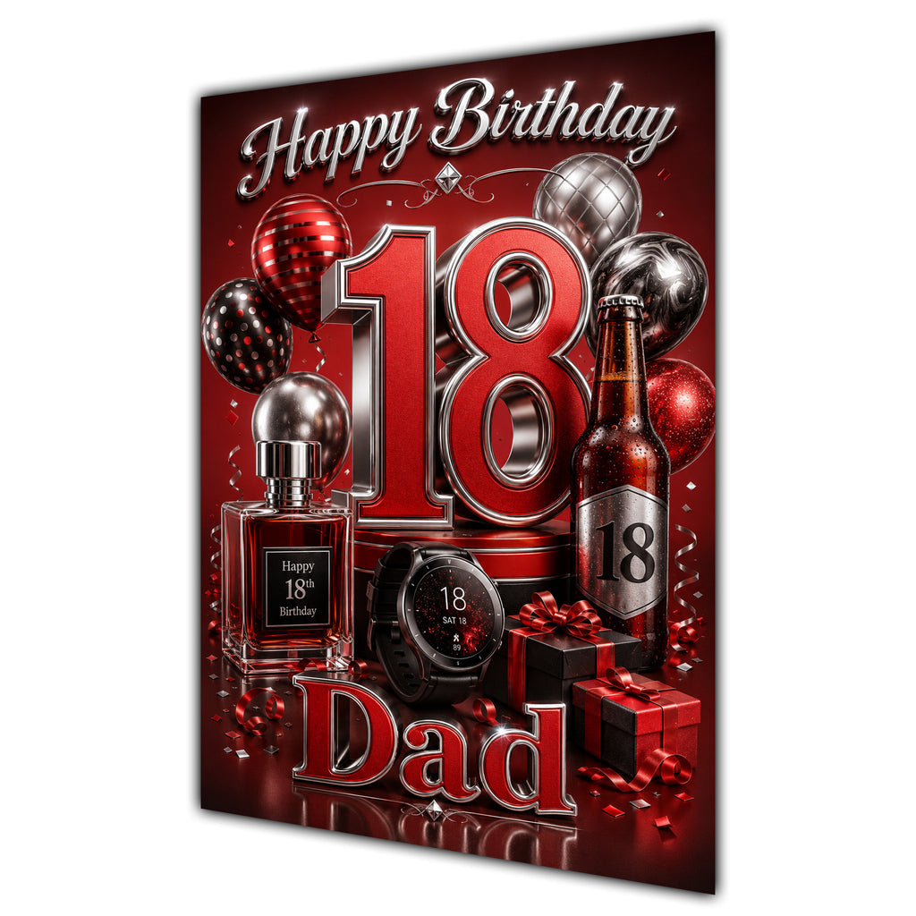 Dad 18th Birthday Card - Red and Silver Number, Watch and Bottles