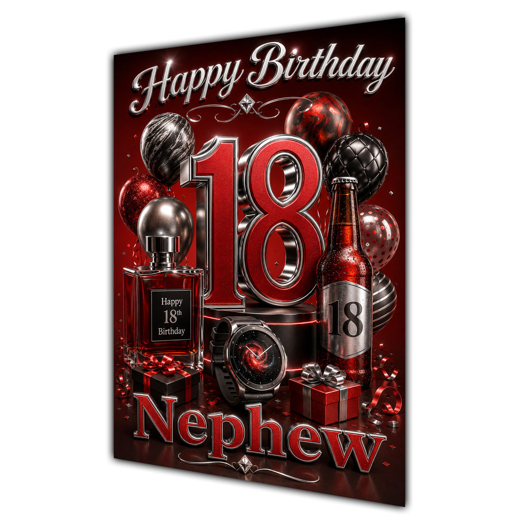 Nephew 18th Birthday Card - Red and Silver Number, Watch and Bottles
