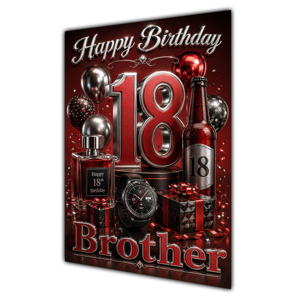 Brother 18th Birthday Card - Red and Silver Number, Watch and Bottles