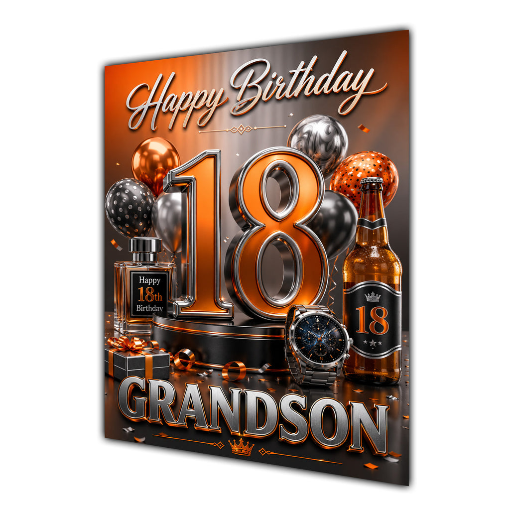Grandson 18th Birthday Card - Orange and Silver Number, Watch and Bottles