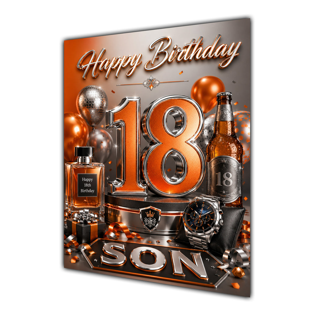 Son 18th Birthday Card - Orange and Silver Number, Watch and Bottles