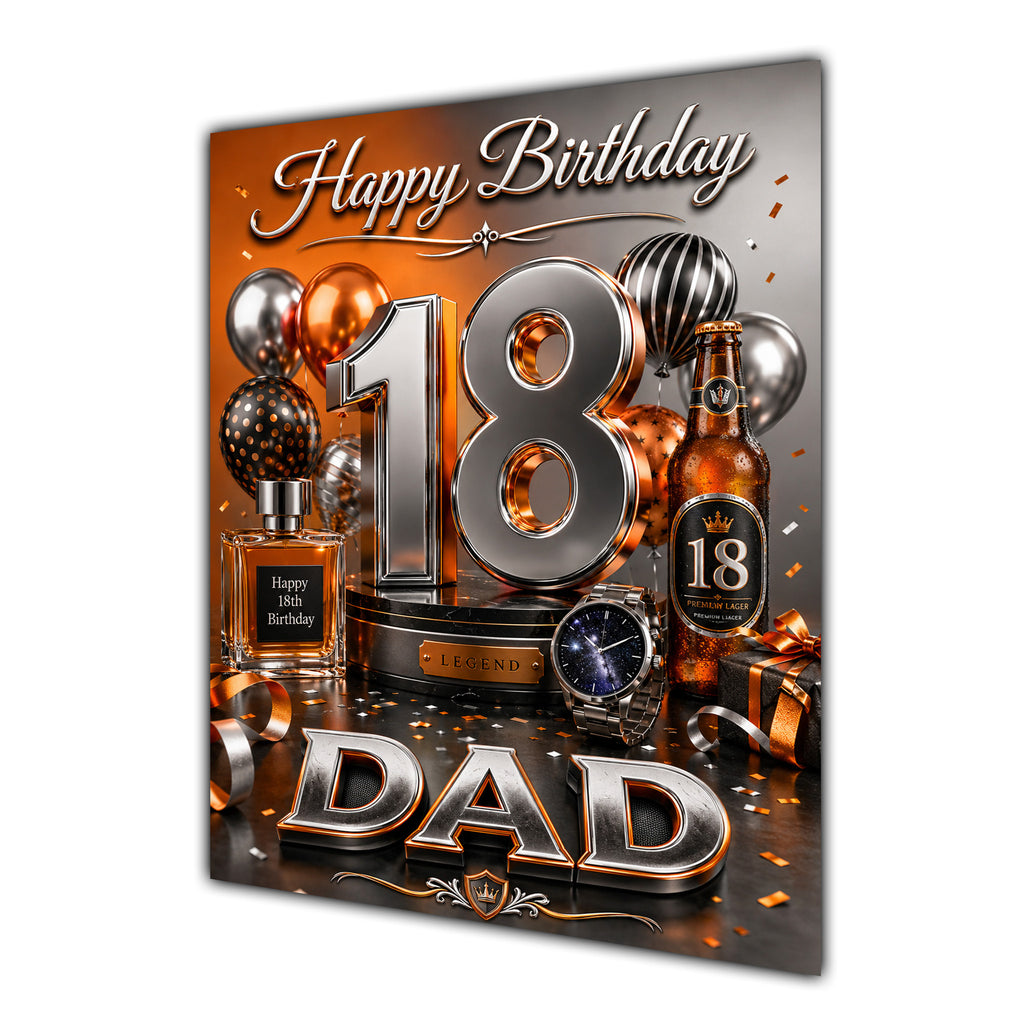 Dad 18th Birthday Card - Orange and Silver Number, Watch and Bottles