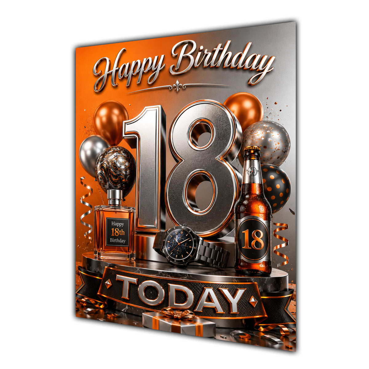 18th Birthday Card - Orange and Silver Number, Watch and Bottles
