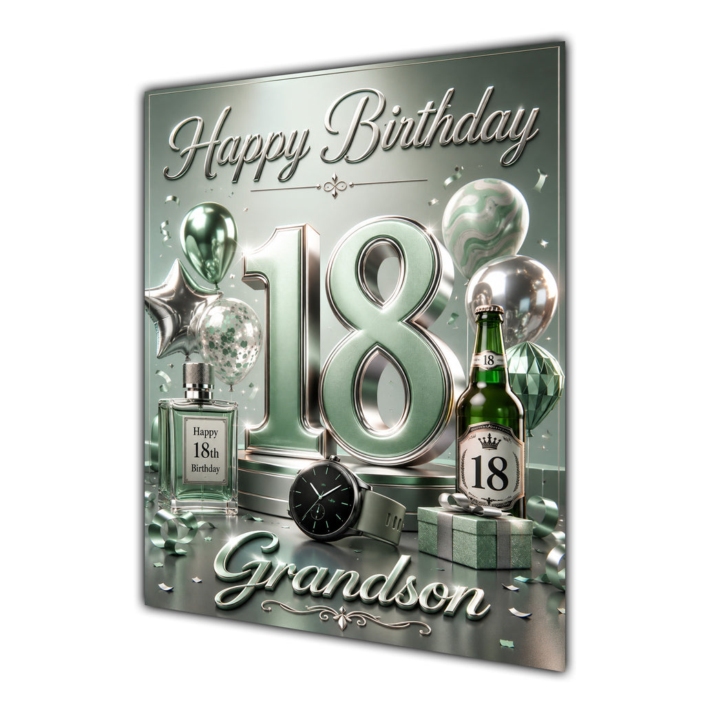 Grandson 18th Birthday Card - Sage Green and Silver Number, Watch and Bottles