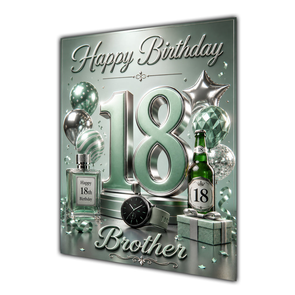 Brother 18th Birthday Card - Sage Green and Silver Number, Watch and Bottles