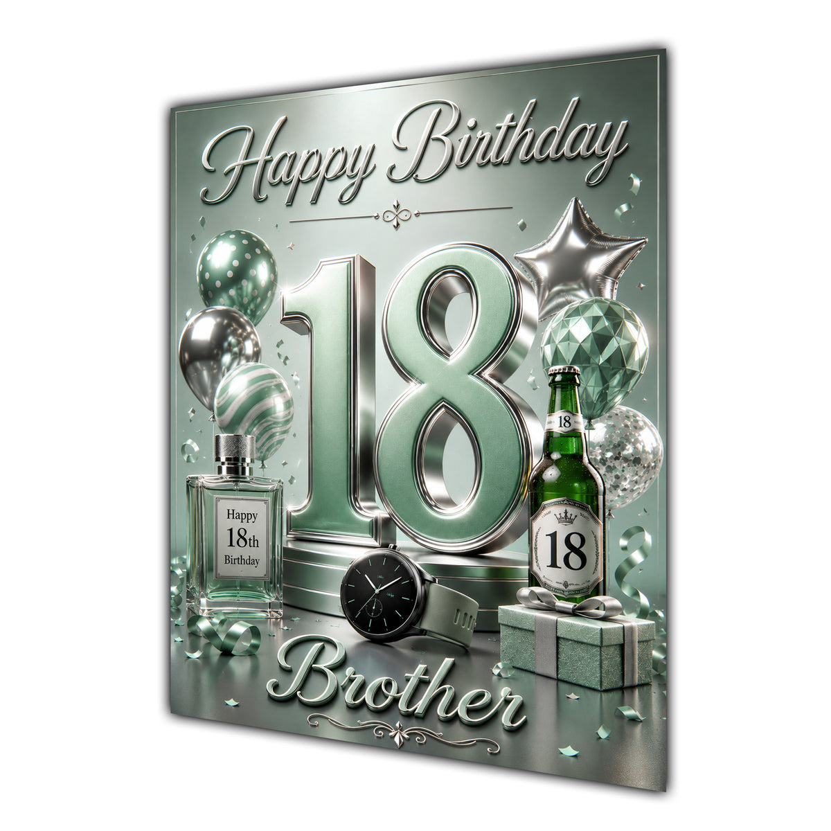 Brother 18th Birthday Card - Sage Green and Silver Number, Watch and Bottles