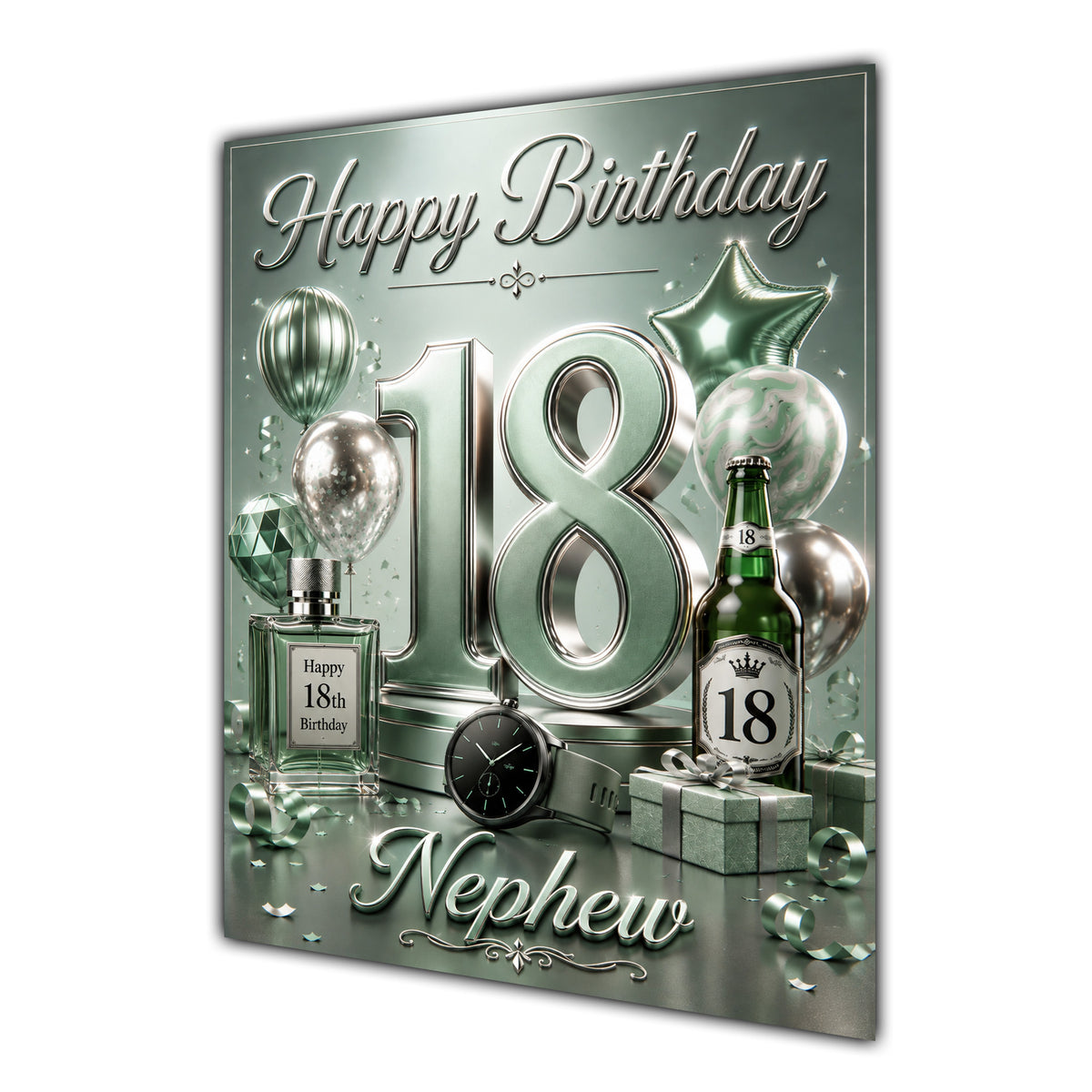 Nephew 18th Birthday Card - Sage Green and Silver Number, Watch and Bottles
