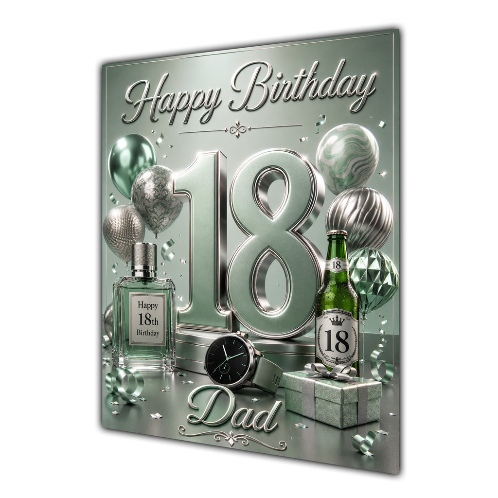 Dad 18th Birthday Card - Sage Green and Silver Number, Watch and Bottles