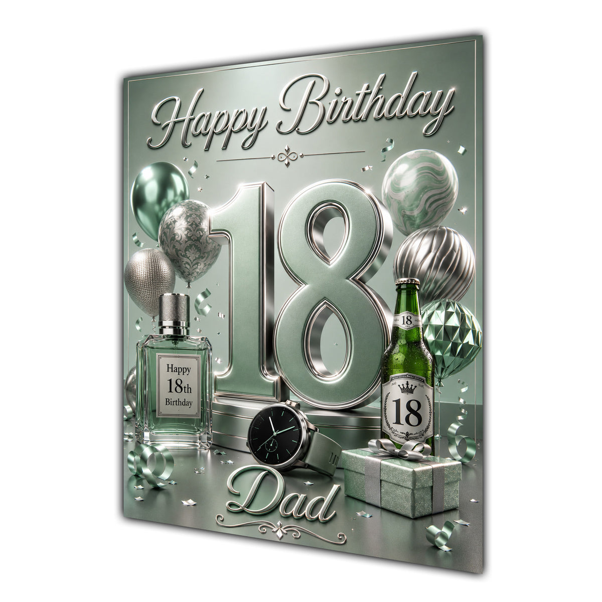Dad 18th Birthday Card - Sage Green and Silver Number, Watch and Bottles