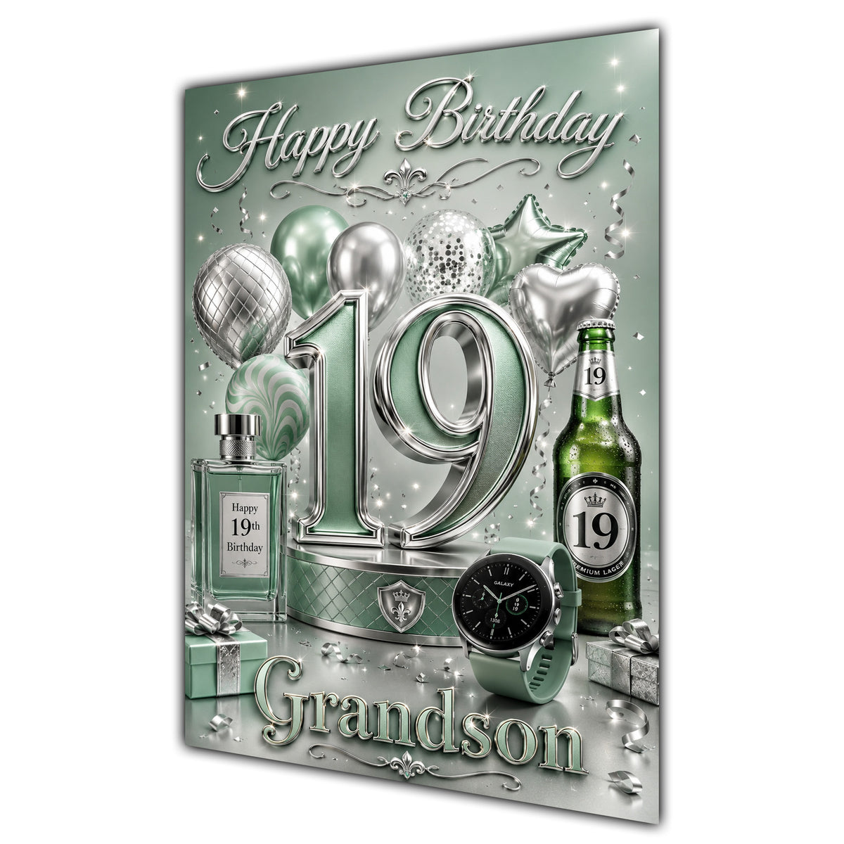 Grandson 19th Birthday Card - Sage Green and Silver Number, Watch and Bottles
