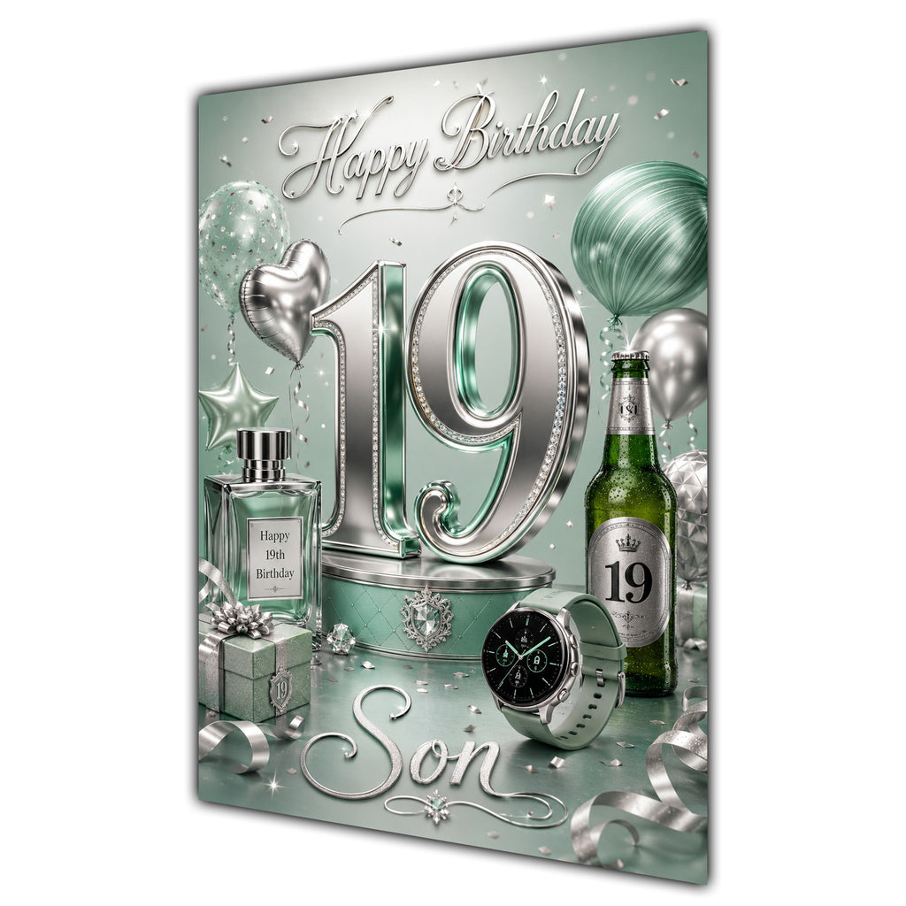 Son 19th Birthday Card - Sage Green and Silver Number, Watch and Bottles