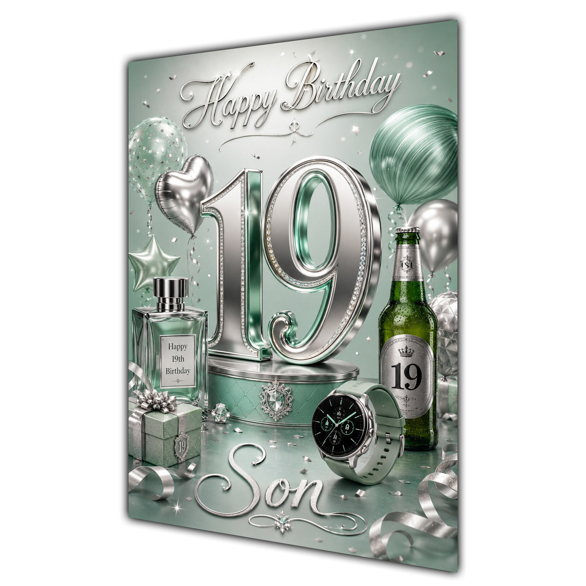 Son 19th Birthday Card - Sage Green and Silver Number, Watch and Bottles