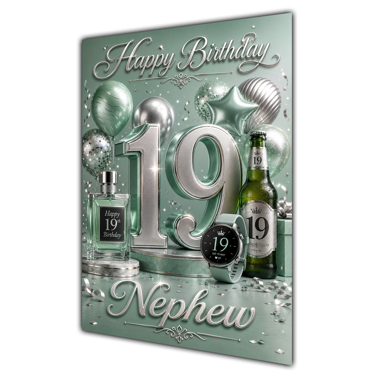 Nephew 19th Birthday Card - Sage Green and Silver Number, Watch and Bottles