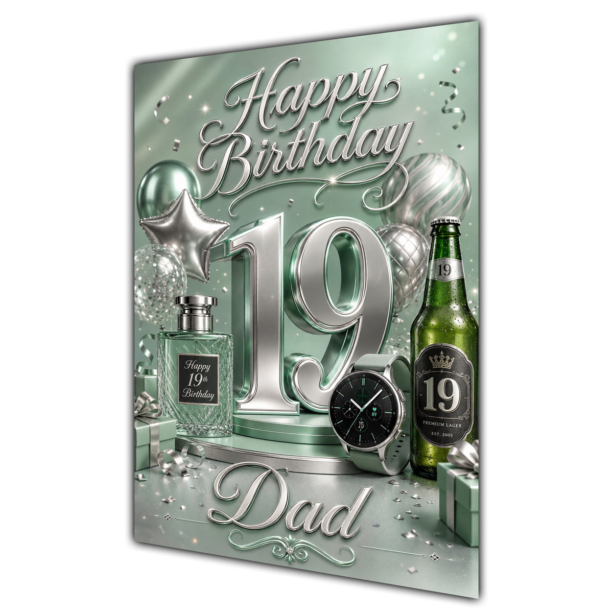 Dad 19th Birthday Card - Sage Green and Silver Number, Watch and Bottles