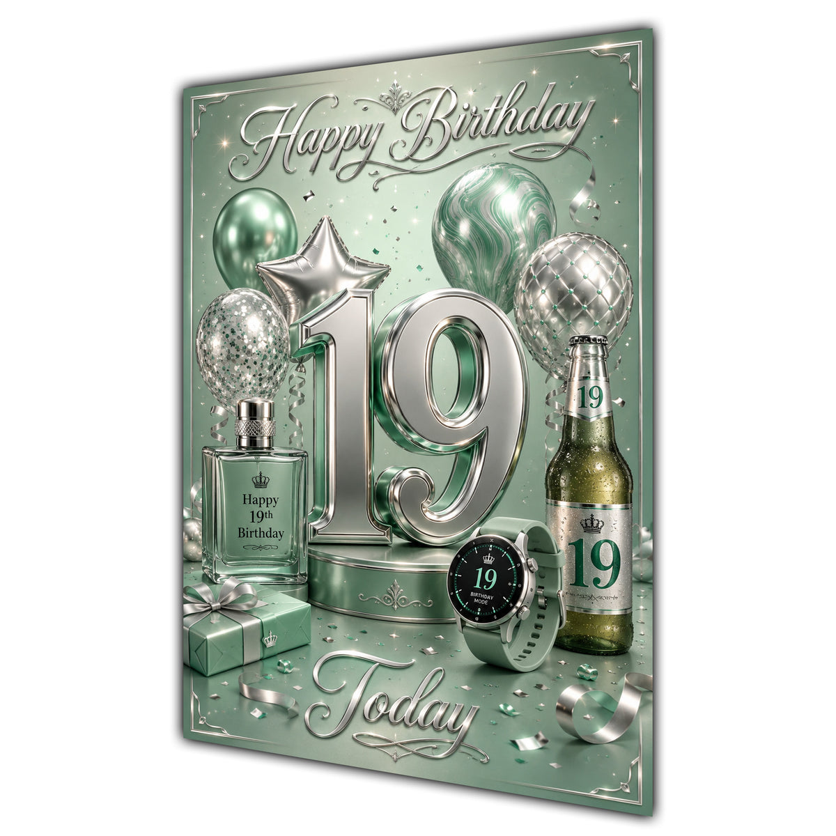 19th Birthday Card - Sage Green and Silver Number, Watch and Bottles