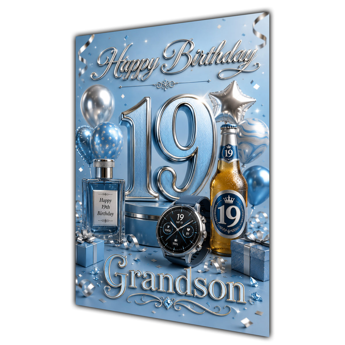 Grandson 19th Birthday Card - Blue and Silver Number, Watch and Bottles