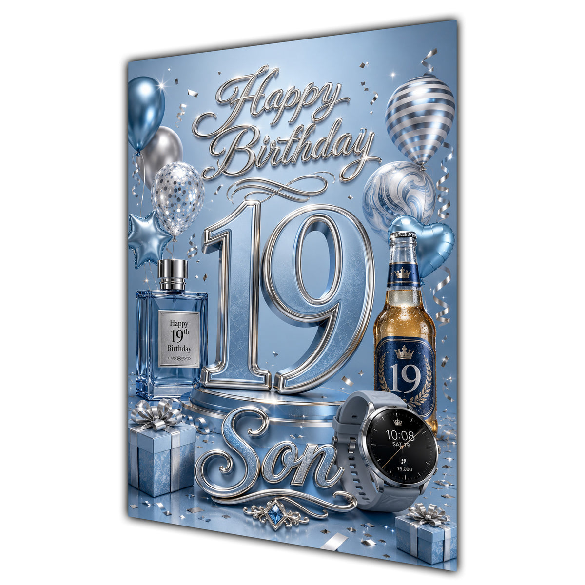 Son 19th Birthday Card - Blue and Silver Number, Watch and Bottles
