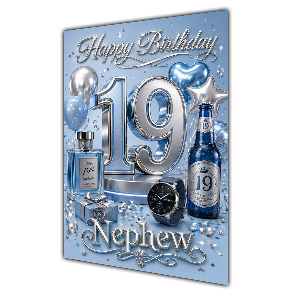Nephew 19th Birthday Card - Blue and Silver Number, Watch and Bottles