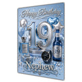 Nephew 19th Birthday Card - Blue and Silver Number, Watch and Bottles