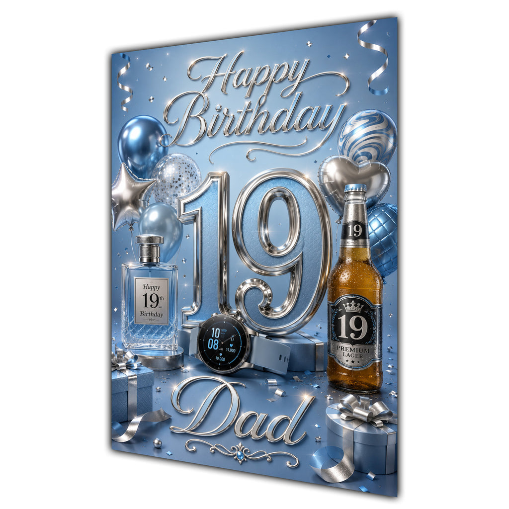 Dad 19th Birthday Card - Blue and Silver Number, Watch and Bottles