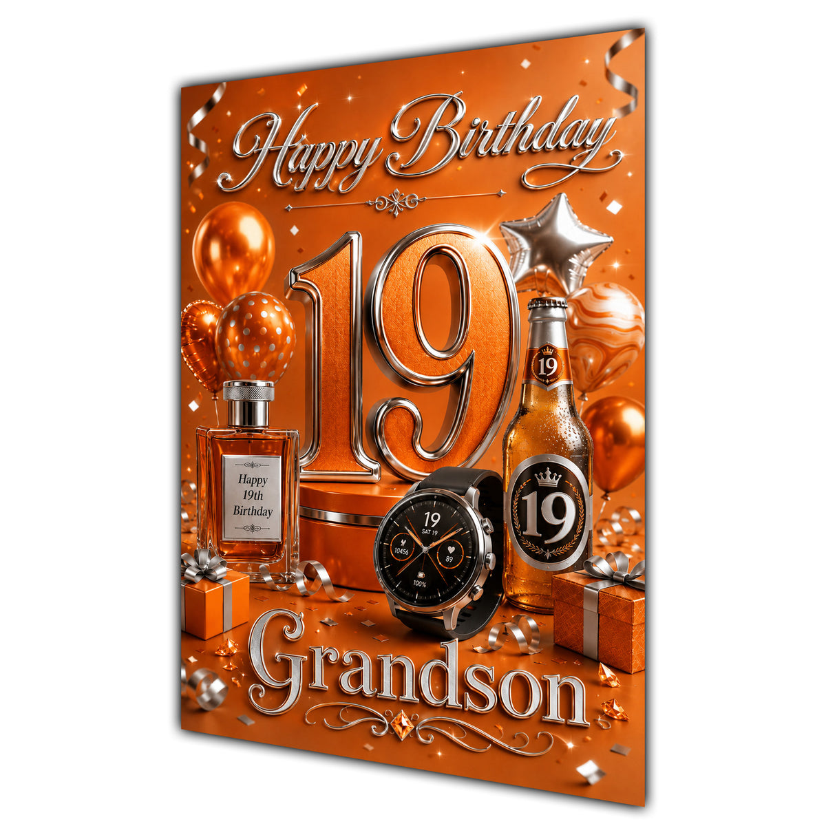 Grandson 19th Birthday Card - Orange and Silver Number, Watch and Bottles