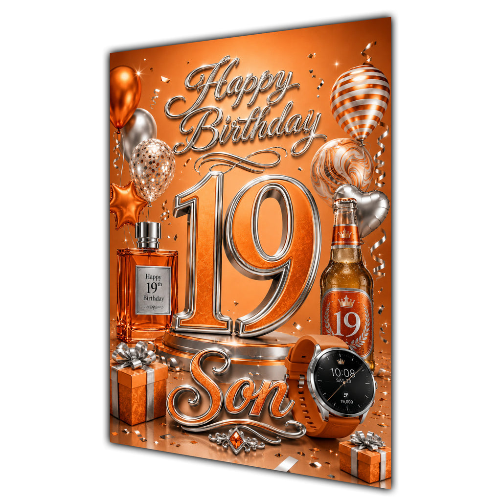 Son 19th Birthday Card - Orange and Silver Number, Watch and Bottles