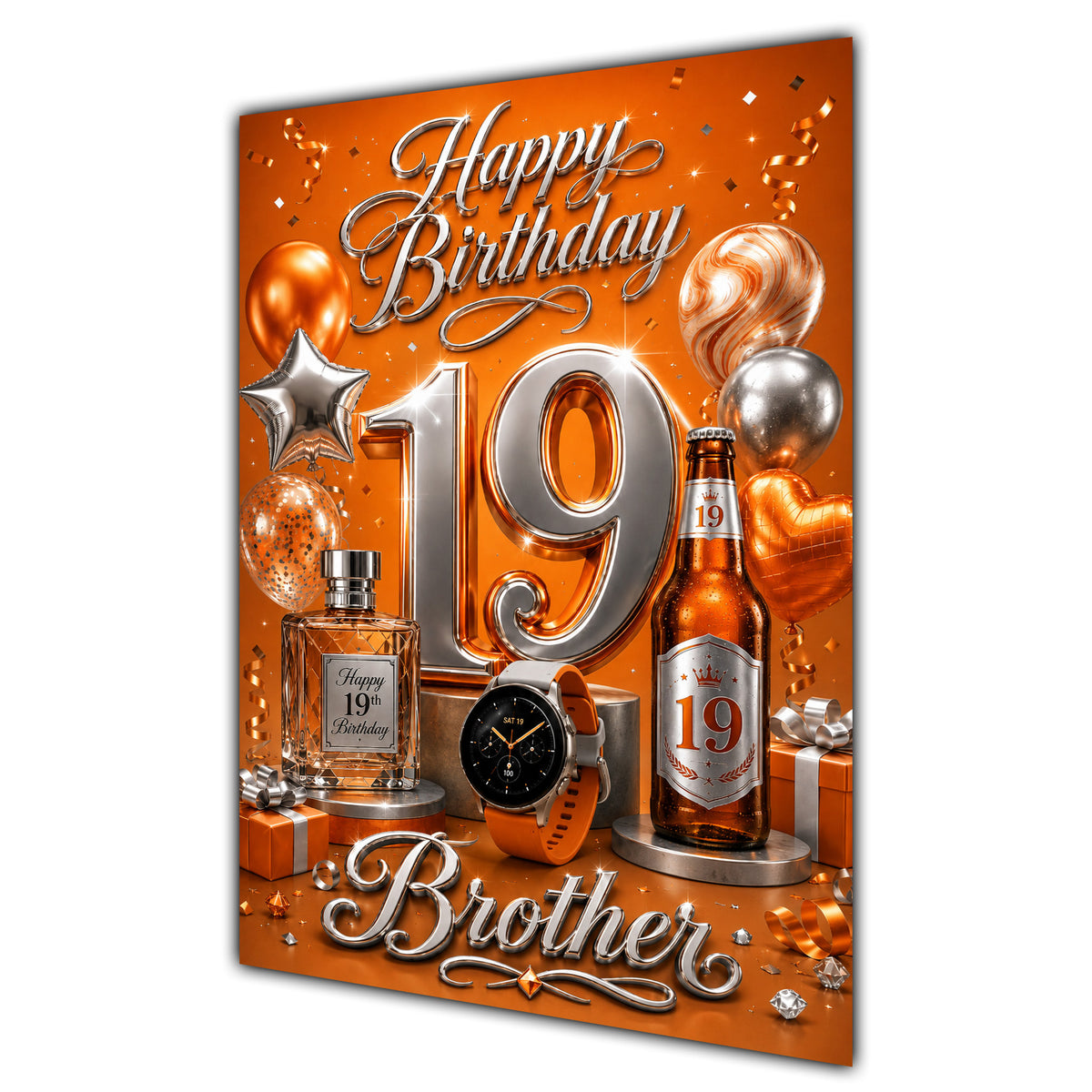 Brother 19th Birthday Card - Orange and Silver Number, Watch and Bottles