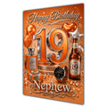 Nephew 19th Birthday Card - Orange and Silver Number, Watch and Bottles