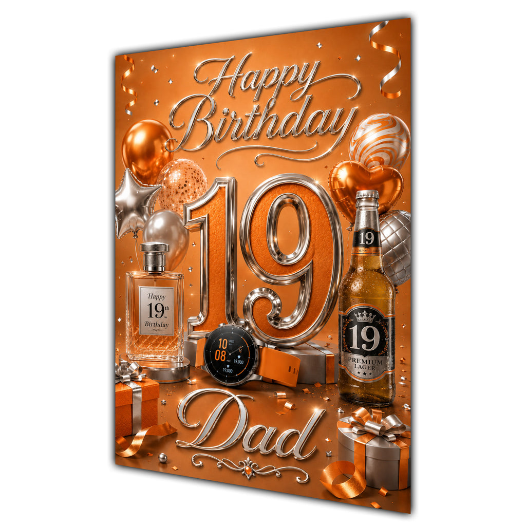 Dad 19th Birthday Card - Orange and Silver Number, Watch and Bottles
