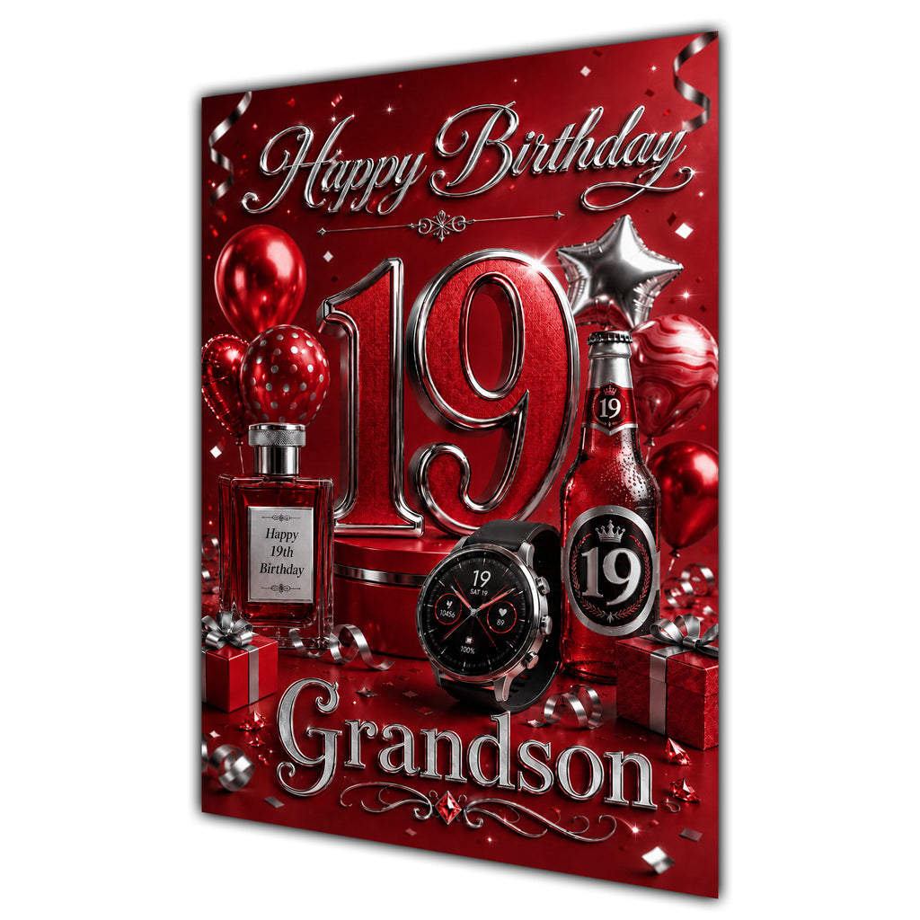 Grandson 19th Birthday Card - Red and Silver Number, Watch and Bottles