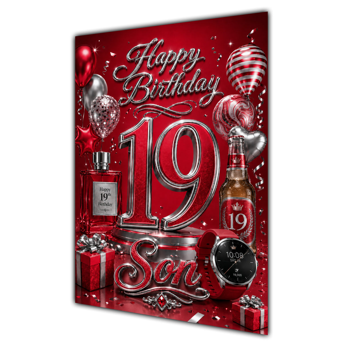 Son 19th Birthday Card - Red and Silver Number, Watch and Bottles