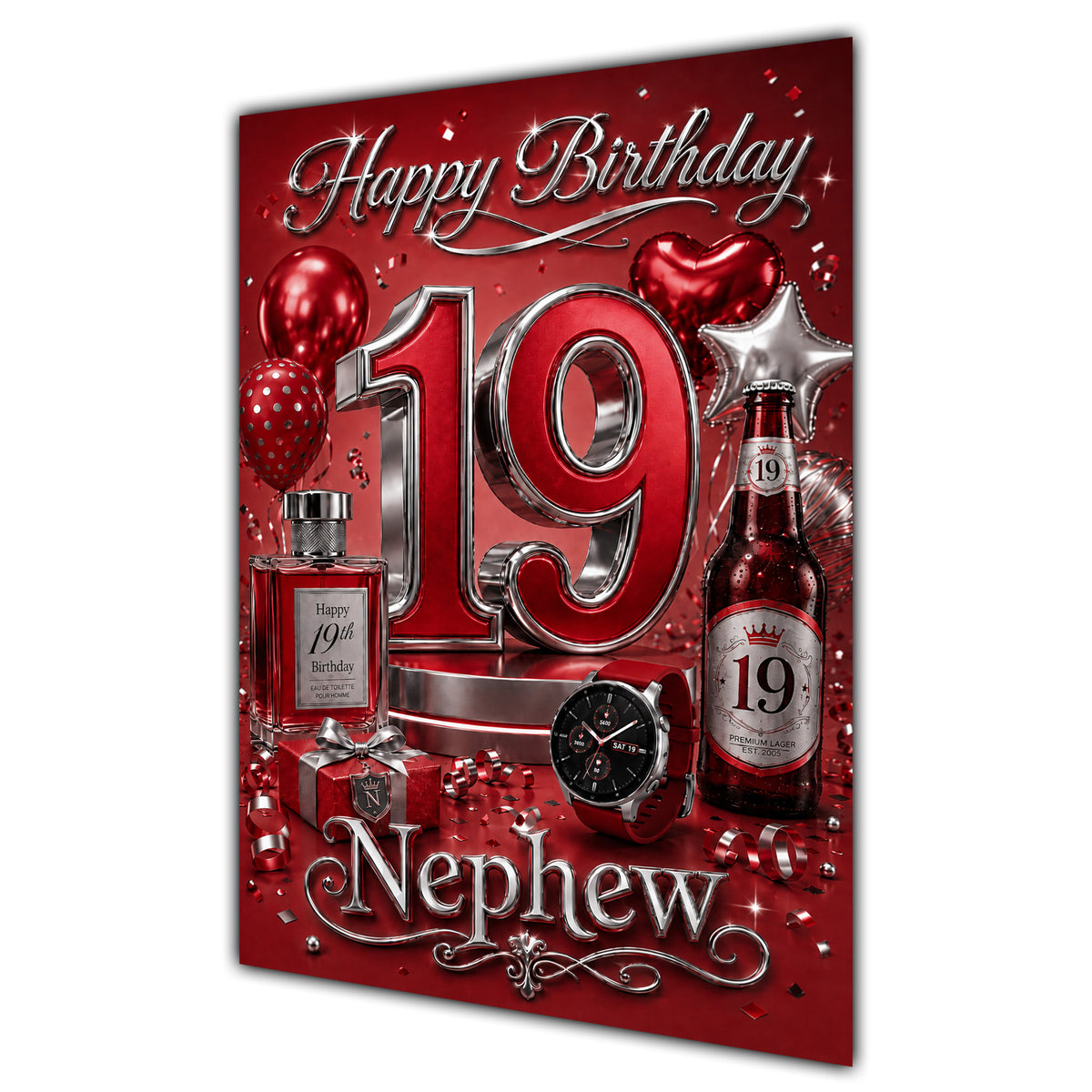 Nephew 19th Birthday Card - Red and Silver Number, Watch and Bottles