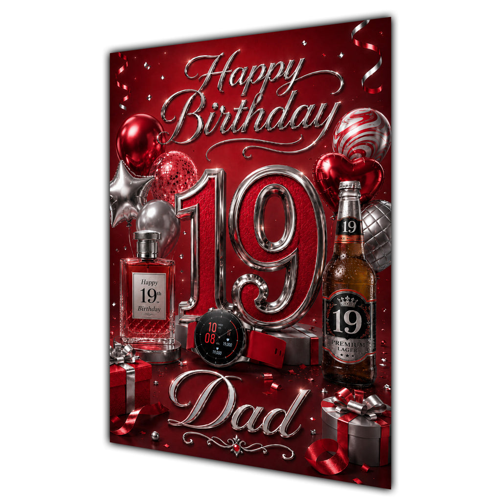 Dad 19th Birthday Card - Red and Silver Number, Watch and Bottles