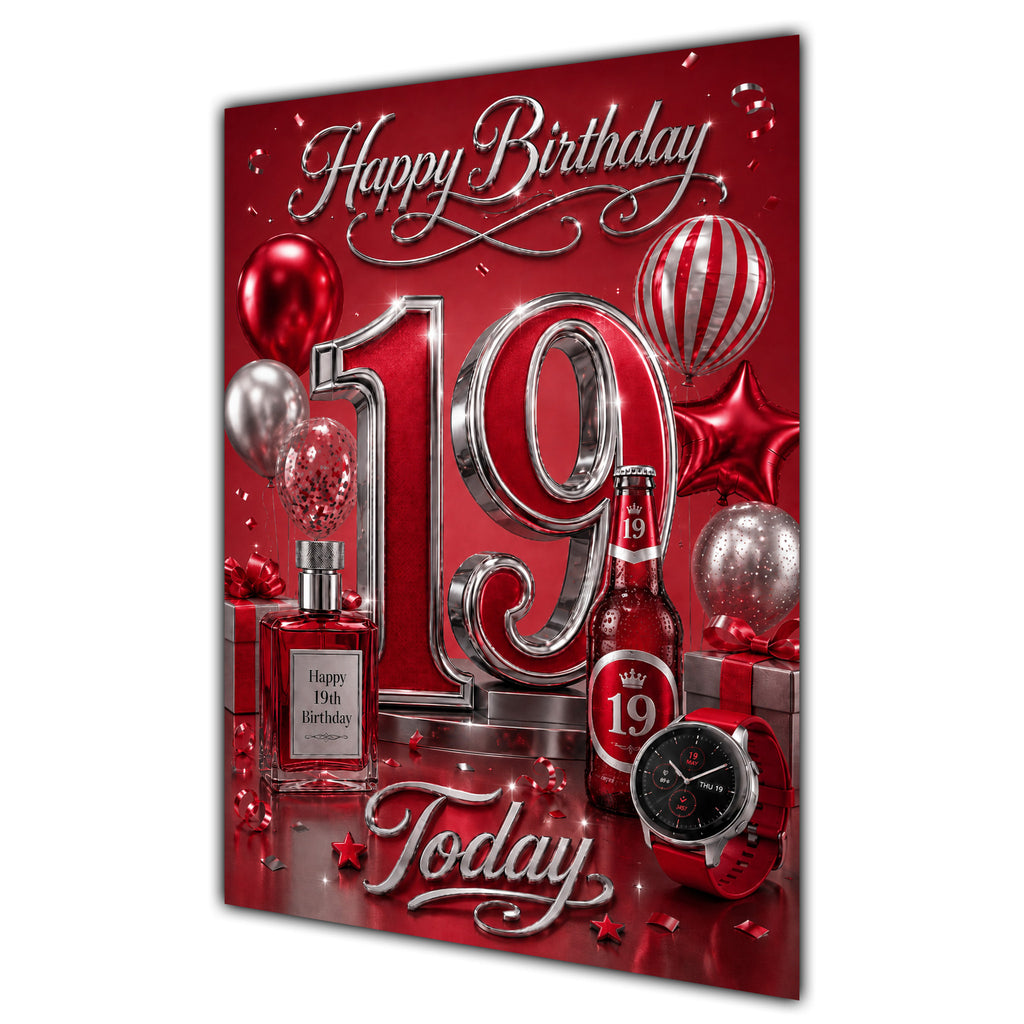 19th Birthday Card - Red and Silver Number, Watch and Bottles