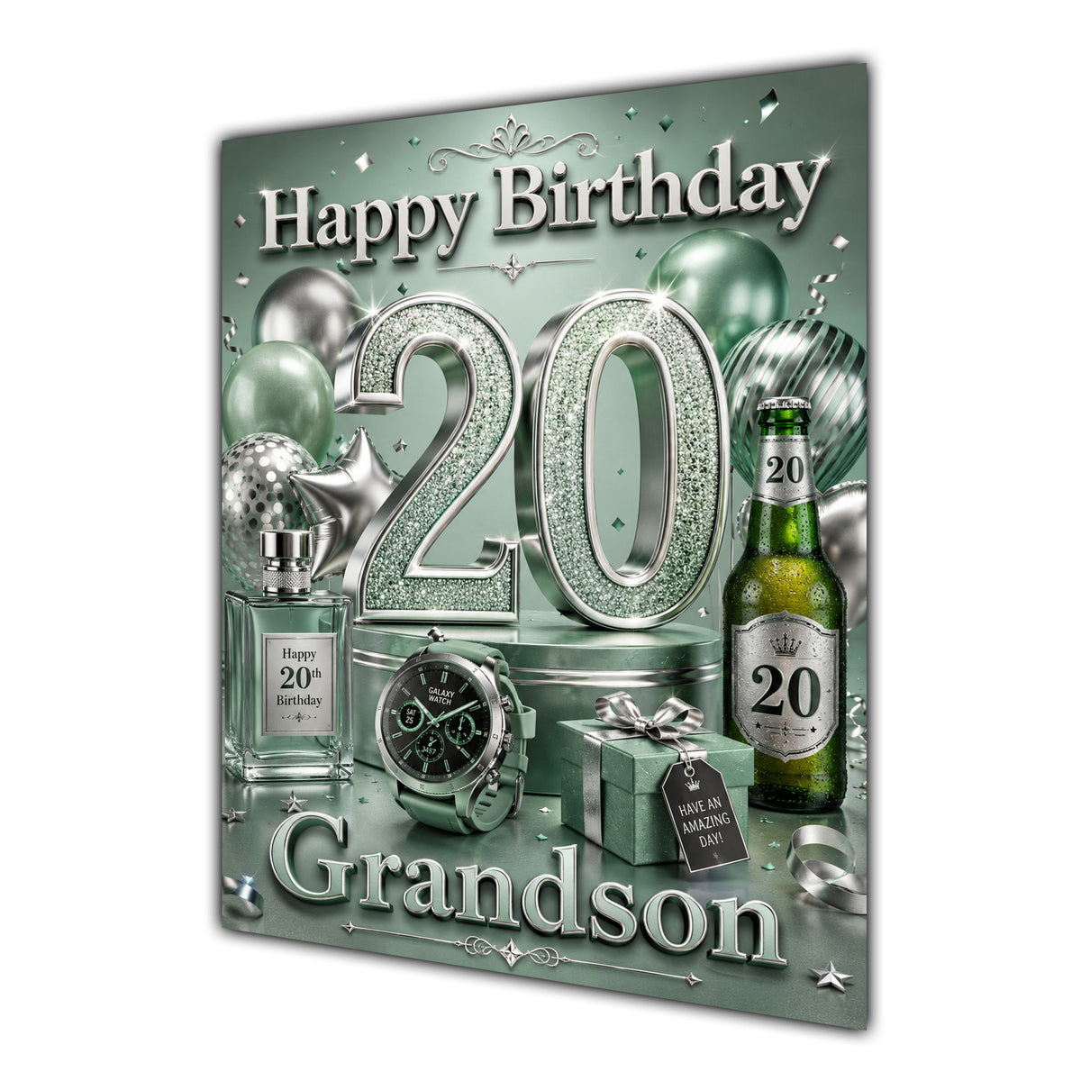 Grandson 20th Birthday Card - Sage Green and Silver Number, Watch and Bottles