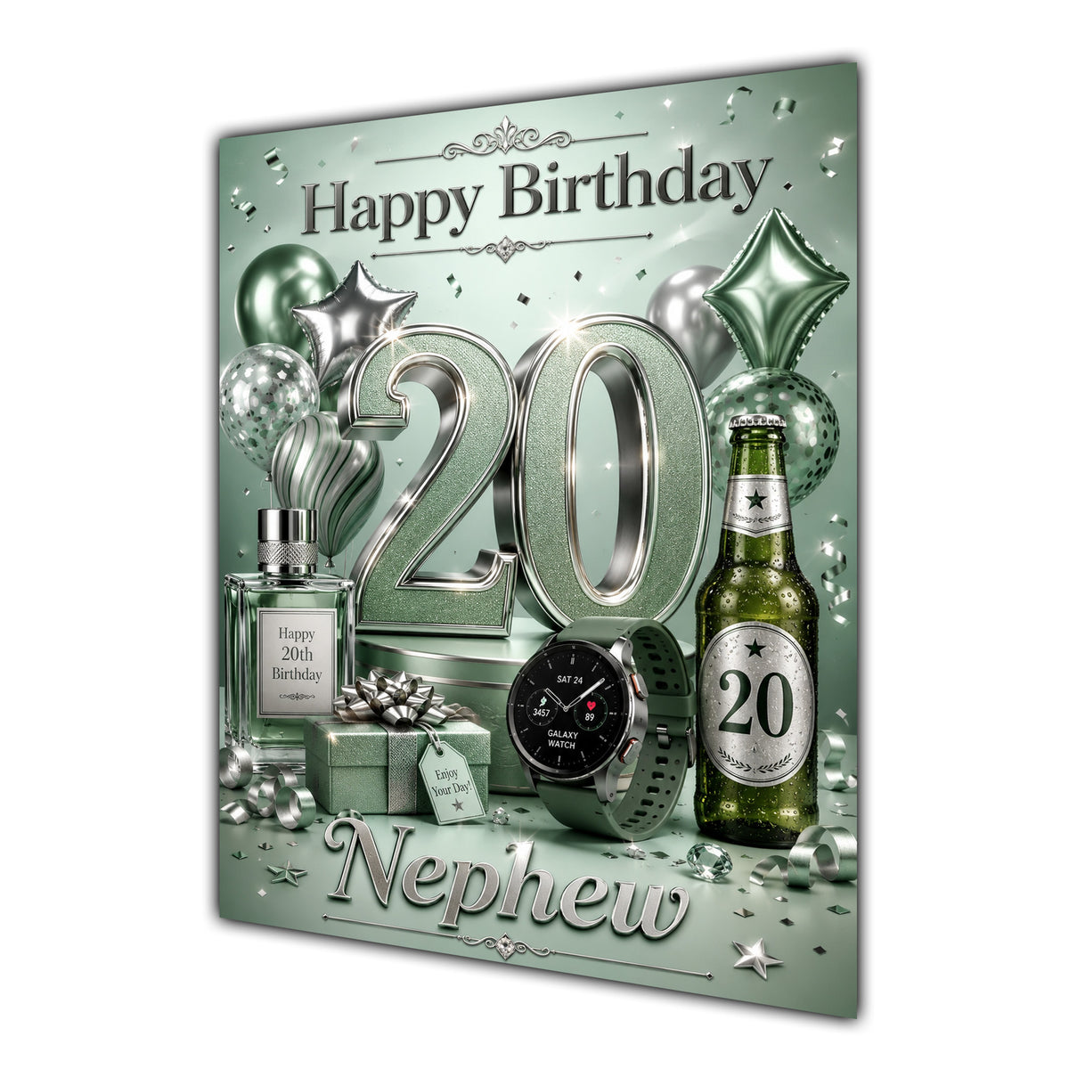 Nephew 20th Birthday Card - Sage Green and Silver Number, Watch and Bottles