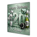 20th Birthday Card - Sage Green and Silver Number, Watch and Bottles