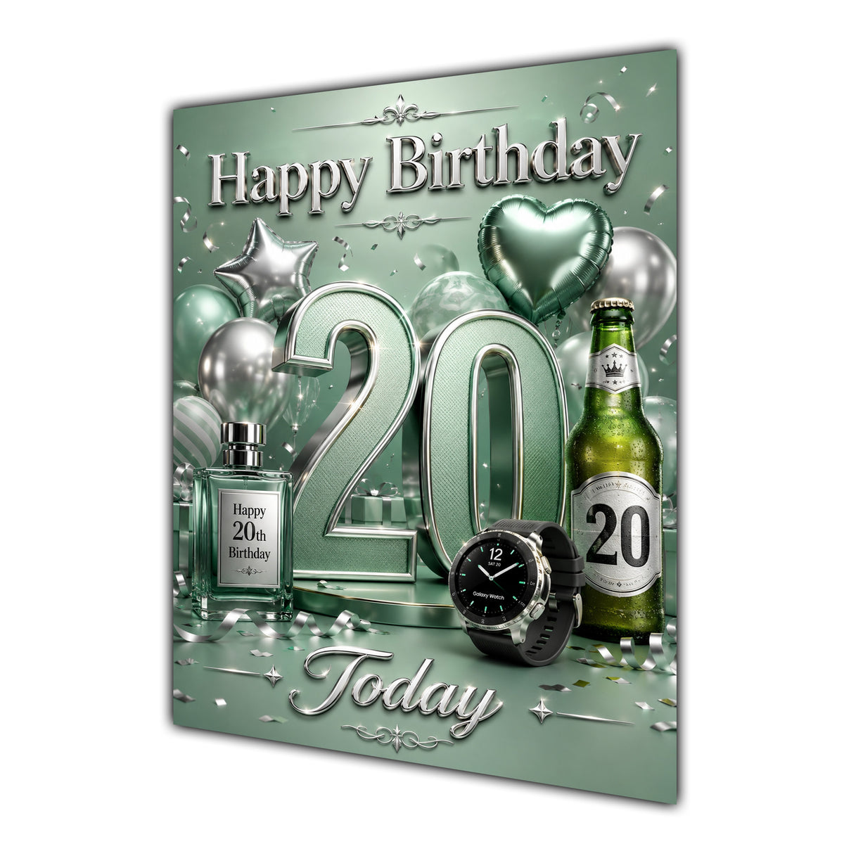 20th Birthday Card - Sage Green and Silver Number, Watch and Bottles