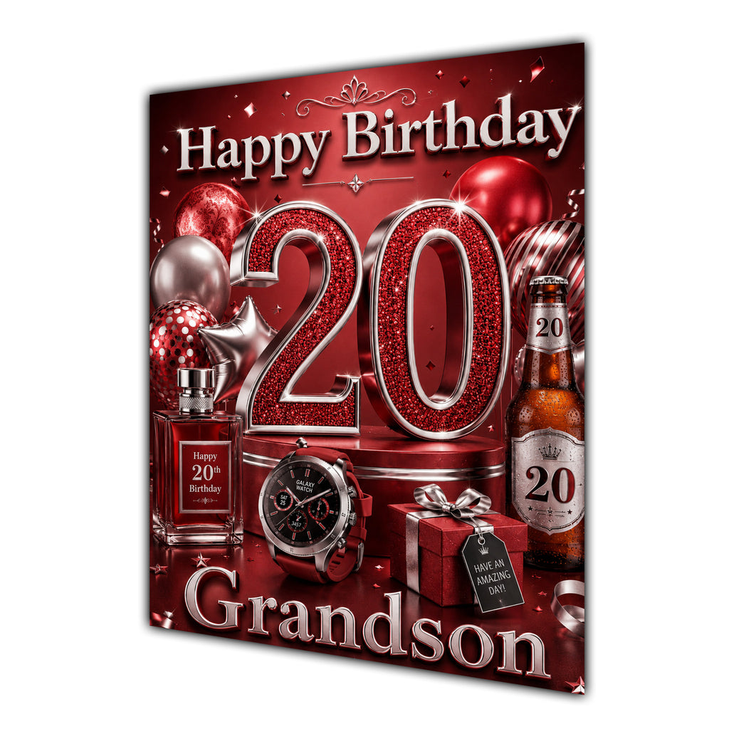 Grandson 20th Birthday Card - Red and Silver Number, Watch and Bottles
