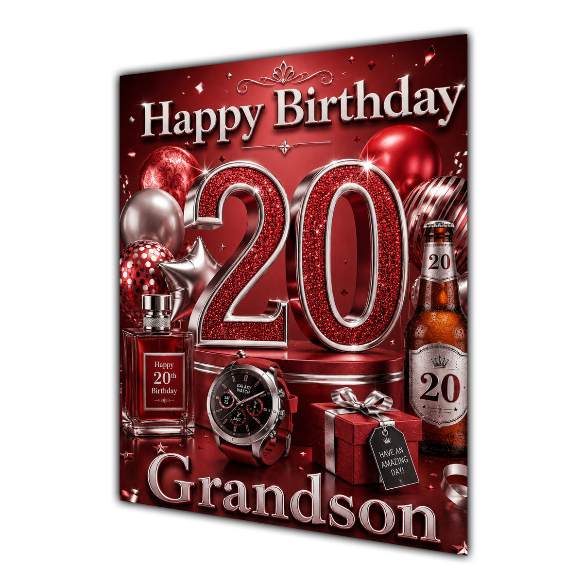 Grandson 20th Birthday Card - Red and Silver Number, Watch and Bottles