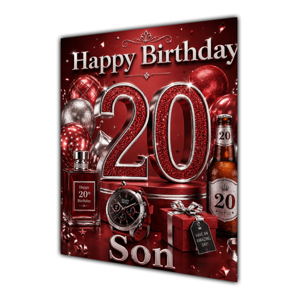 Son 20th Birthday Card - Red and Silver Number, Watch and Bottles