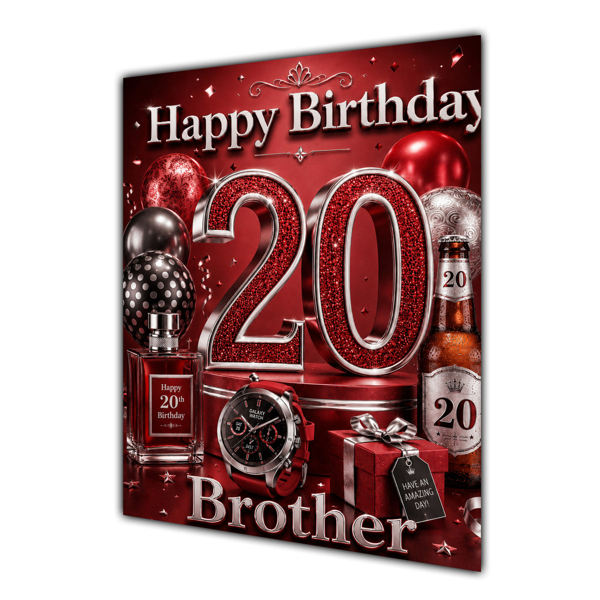 Brother 20th Birthday Card - Red and Silver Number, Watch and Bottles
