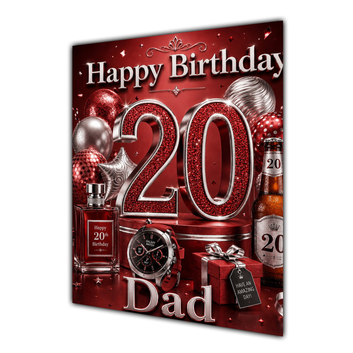 Dad 20th Birthday Card - Red and Silver Number, Watch and Bottles