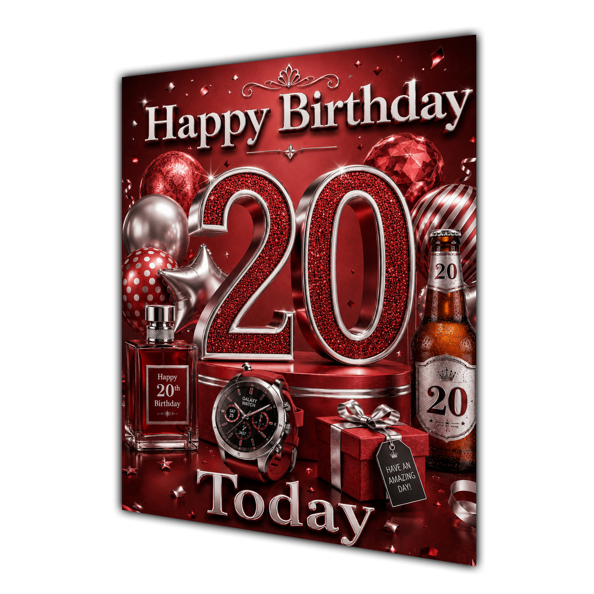 20th Birthday Card - Red and Silver Number, Watch and Bottles