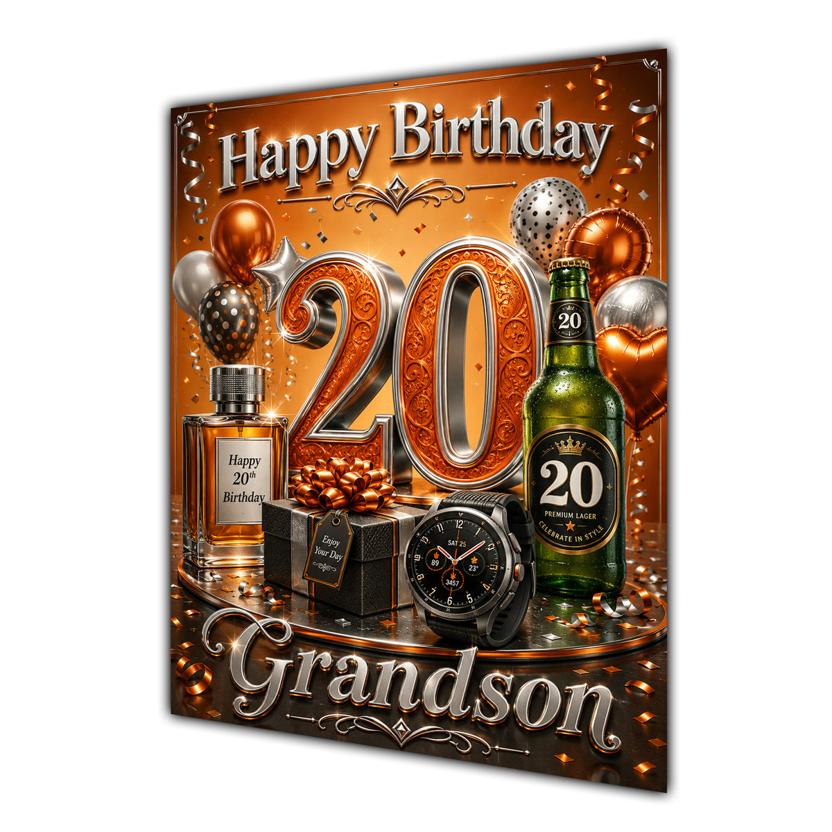 Grandson 20th Birthday Card - Orange and Silver Number, Watch and Bottles